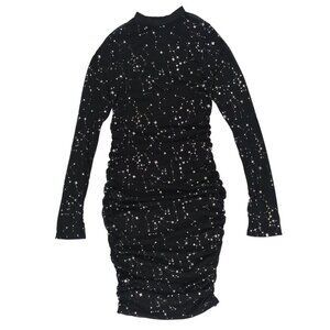 Lyaner Womens Black Silver Star Constellation Ruched Bodycon Dress Semi-Sheer